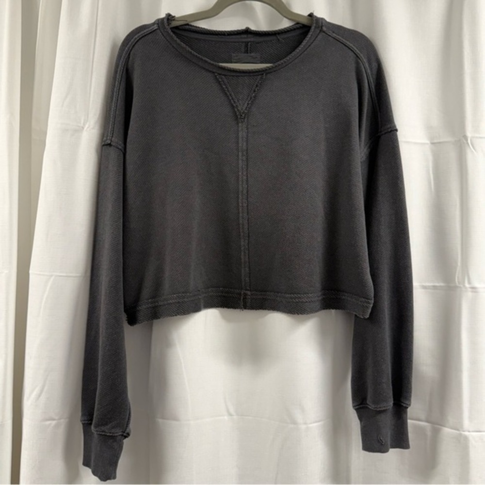 Aerie Cropped Waffle Knit Sweatshirt Charcoal Gray Size- S